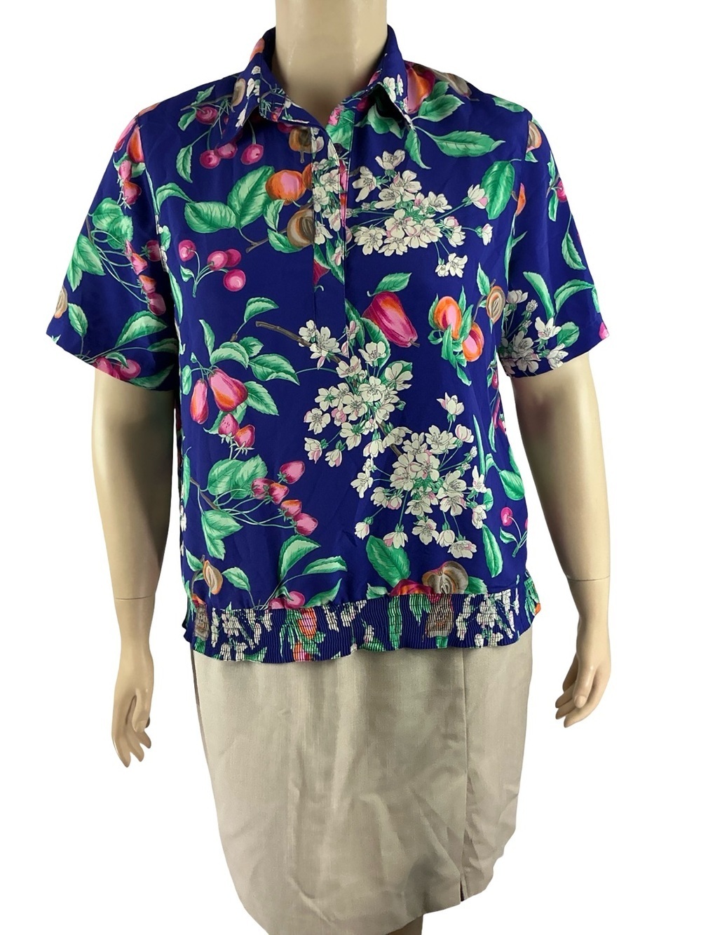 Alfred Dunner Retro Grandma Core Floral Fruit Blouse Blue Size 14